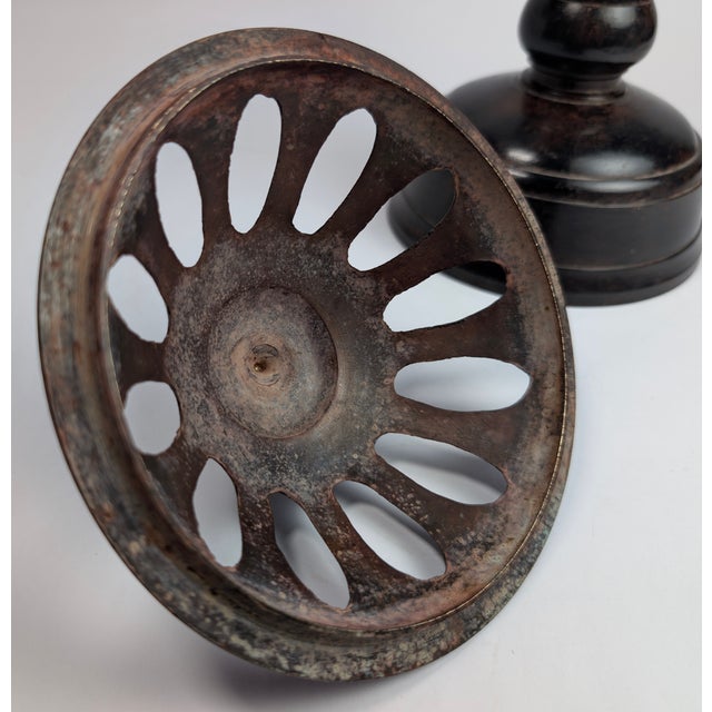 13.5" Mid-Century Bronze Urn Lantern With Hand-Blown Ribbed Crackle Glass Insert For Sale - Image 11 of 13