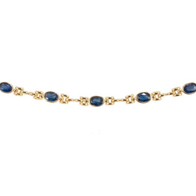 Vintage Ladies 18k Yellow Gold 10.12ct Blue Oval Sapphires Link Chain Necklace For Sale - Image 4 of 8