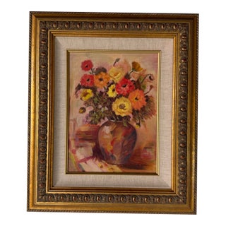 1980's Vintage Impressionist Floral Still Life Oil on Canvas Board Painting – Framed & Signed For Sale