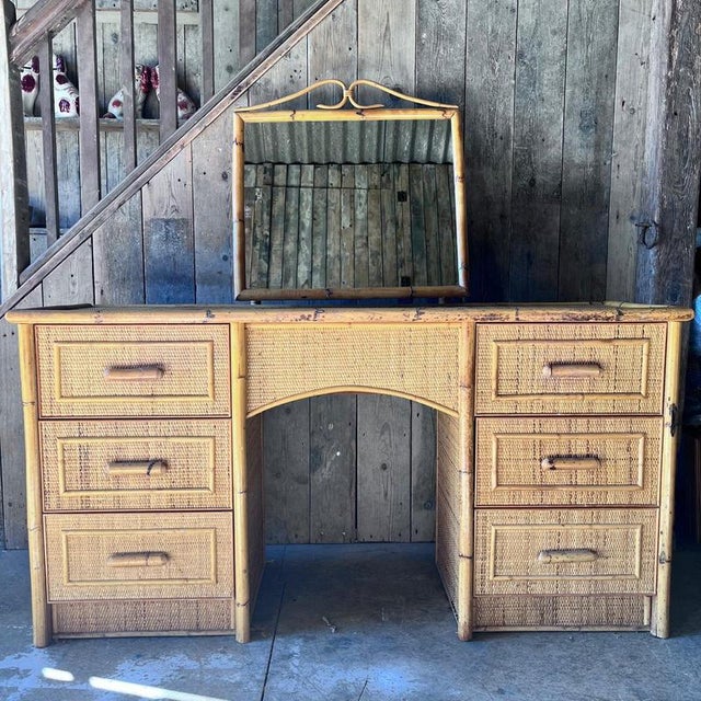 Cane and Bamboo Dressing Table with Tilting Mirror For Sale - Image 8 of 8
