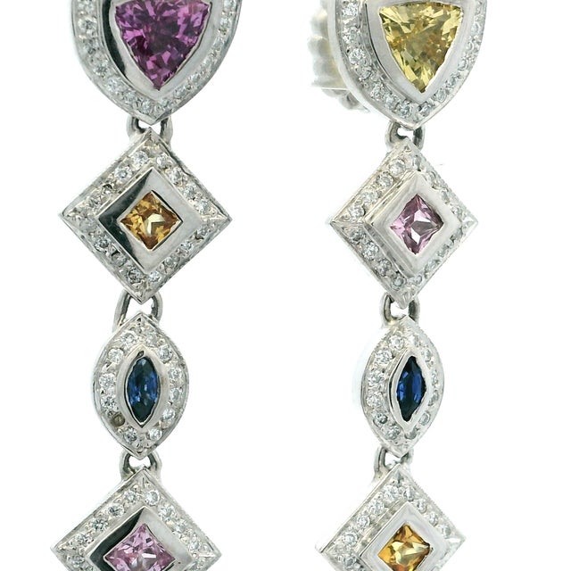 Italian 18k White Gold Multicolor Sapphire and Diamond Drop Earrings, Pair For Sale - Image 9 of 10
