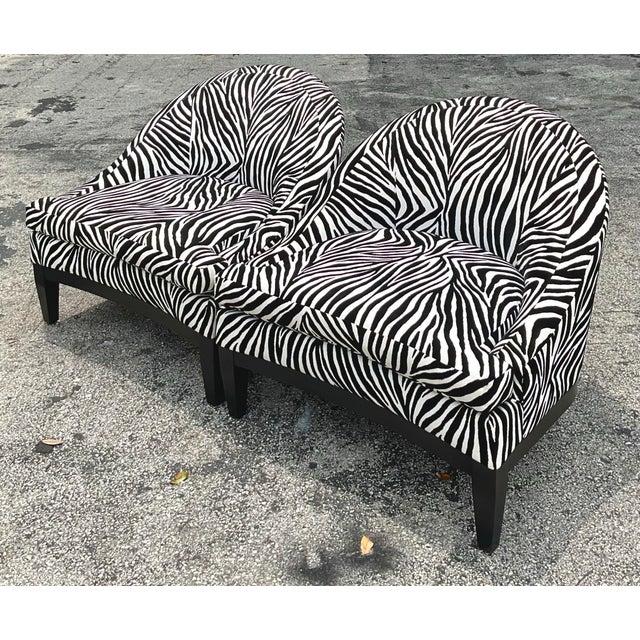 Wood Vintage Boho Low Slung Zebra Lounge Chairs - a Pair For Sale - Image 7 of 8