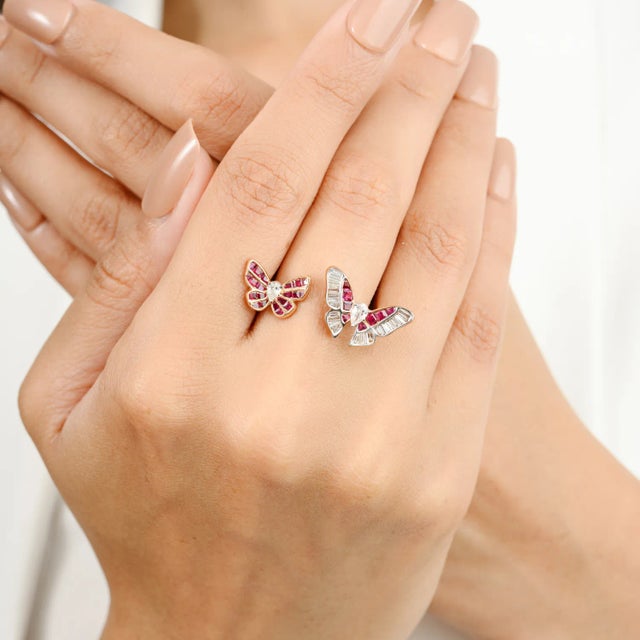 Metal Ruby & Diamond Twin Butterfly Open Cuff Ring Size 6.5 For Sale - Image 7 of 12