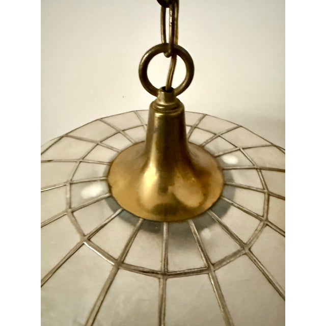 Hollywood Regency Vintage Capiz Shell Pendant Light With Brass Hardware and Scalloped Edge For Sale - Image 3 of 10