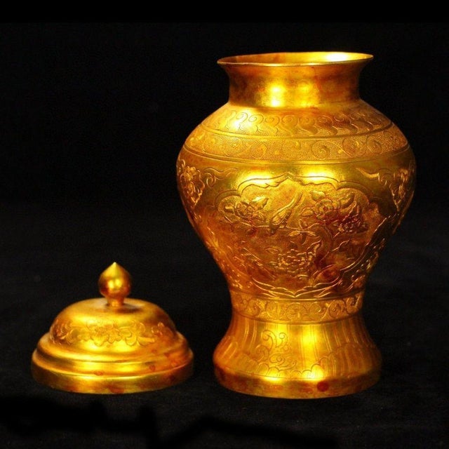 Metal Vintage Chinese Gilt Bronze Hand-Chased Floral Covered Ginger Jar For Sale - Image 7 of 9