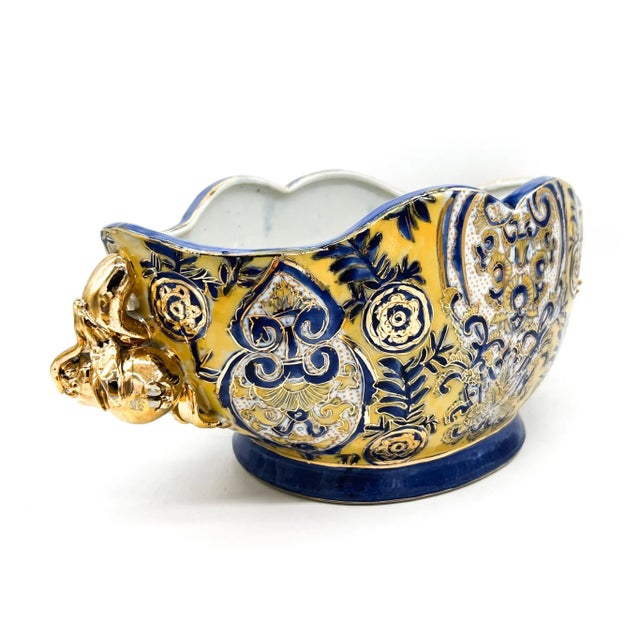 Hollywood Regency Vintage Italian Majolica Centerpiece Bowl – Hand-Painted Blue, Yellow & Gilt With Pomegranate Handles – Baroque / Mediterranean Revival For Sale - Image 3 of 12