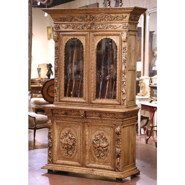 19th Century French Bleached Oak Nine-Gun Cabinet With Hunt Carvings For Sale In Dallas - Image 6 of 12