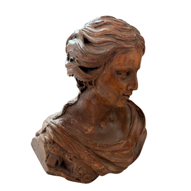 Traditional 17th Century Continental Carved Wood Portrait Bust of a Woman For Sale - Image 3 of 6