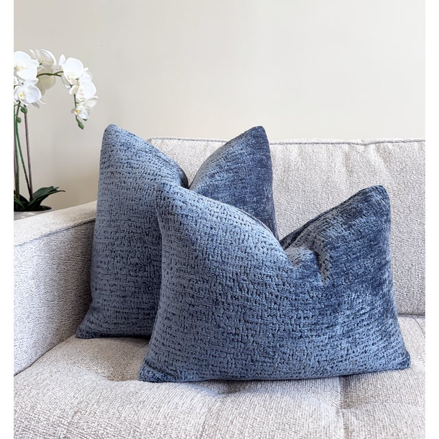 Textile Wedgewood Blue Chenille 20x20 Throw Pillow With Feather Down Insert For Sale - Image 7 of 8