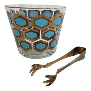 Mid Century Modern Gold & Turquoise Beehive Pattern, Glass Ice Bucket For Sale