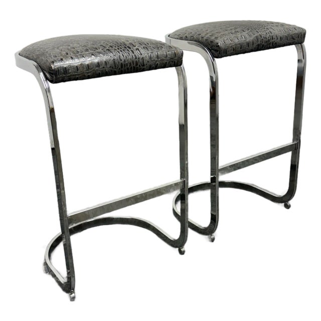 Crocodile Embossed Cantilever Bar Stools, Pair For Sale