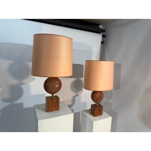Metal Red Travertine and Brass Lamps from Philippe Barbier, 1970s, Set of 2 For Sale - Image 7 of 13
