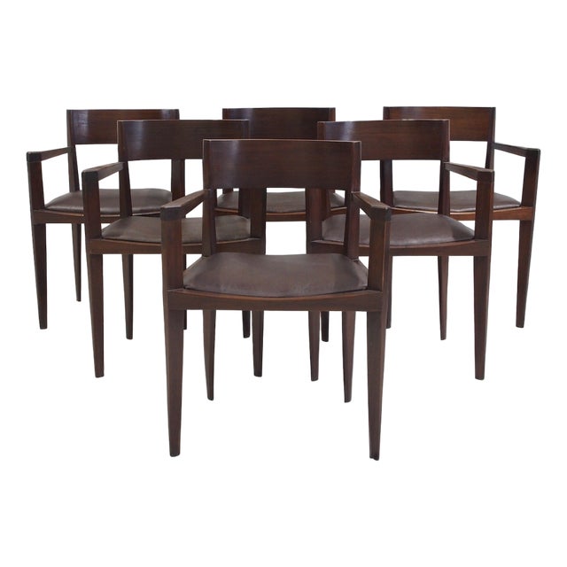 Vintage Italian Dark Brown Wood and Faux Leather Dining Chairs, 1960s, Set of 6 For Sale