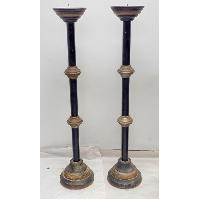 Classical Roman Pair of Early 20th Century Patinated Iron and Ebonized Metal Prickets Candleholders Torcheres For Sale - Image 3 of 7