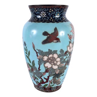 Large Antique Meiji Japanese Cloisonné Vase with Birds and Butterflies For Sale