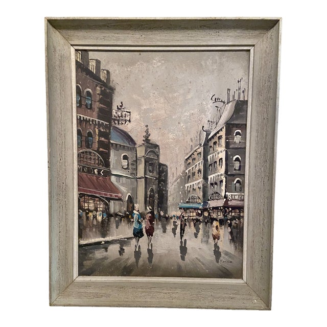 MCM 1960s French Street Scene Oil on Canvas Signed For Sale