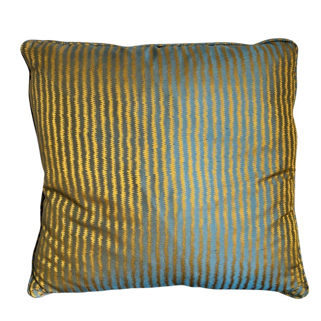Elegant pair of contemporary accent pillows featuring a sophisticated aqua blue and golden bronze woven stripe pattern...