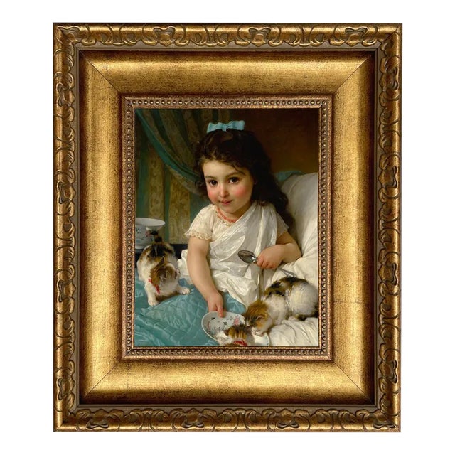 Young Girl With Kittens Framed 8x10" Oil Painting Print on Canvas For Sale