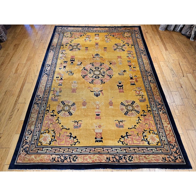 Antique Art Deco Chinese Rug, Hand-Knotted Wool, Pastel Yellow & Blue, 10x15 For Sale - Image 10 of 18