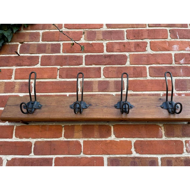 Antique English Yellow Pine Iron Wooden Coat Rail 1890s For Sale - Image 4 of 7