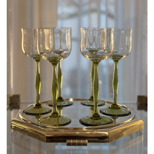 Art Nouveau Wine Glasses with Wavy Bowl and Green Stem, 1890s, Set of 6 For Sale - Image 4 of 5