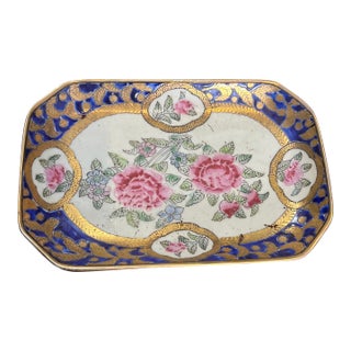Detailed Floral Vintage Ceramic Petite Tray With Gold Accents For Sale
