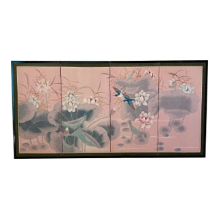 Vintage Pink Lotus & Kingfisher 4-Panel Byobu Screen For Sale