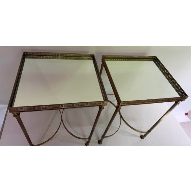 French Pair of Global Views Brass Finish Glass Top Neoclassical Side Tables With Gallery Rail For Sale - Image 3 of 10