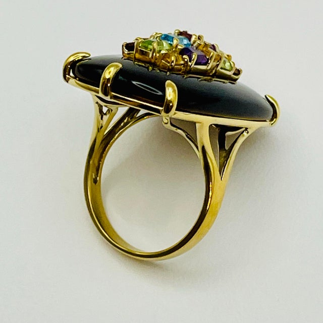 2010s Massive Tiger's Eye & Multi-Gemstone Rainbow Cocktail Ring Sterling Silver Gold Vermeil - Size 9 For Sale - Image 5 of 11