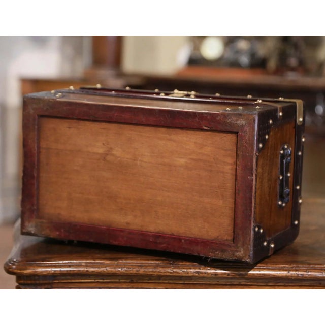 Wood 19th Century French Poplar, Iron, Brass and Leather Travel Trunk Jewelry Box For Sale - Image 7 of 7