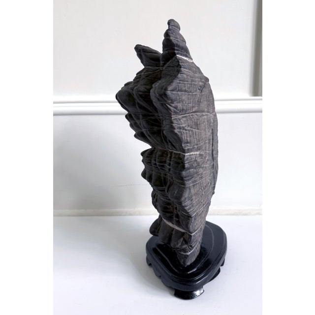 Rare Chinese Antique Black and White Lingbi Scholar Stone on Display Stand For Sale - Image 13 of 18