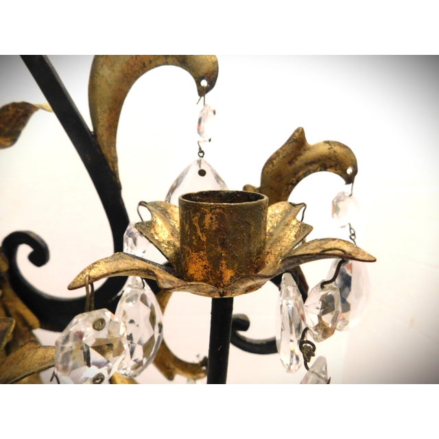 Black and Gold Gilt Metal Floral Wall Sconce, Teardrop Crystals, Candleholders For Sale - Image 10 of 14