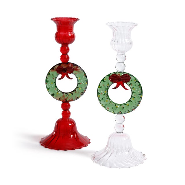 Contemporary Red & Green Holiday Wreath Taper Candle Holders, Set of 4 For Sale - Image 3 of 4