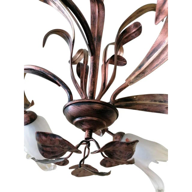 Five-Light Spiral Pendant with Copper-Colored Wrought Iron Leaves and Glass Lily Cups, 1980s For Sale - Image 3 of 8