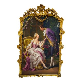 French Romantic Couple Painting – Ornate Hand-Gilded Gold Leaf Frame & Elegant Vintage Artwork For Sale
