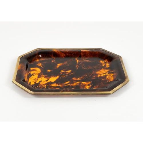 Midcentury amazing large octagonal serving tray or centerpiece in tortoiseshell effect acrylic and brass borders in the...