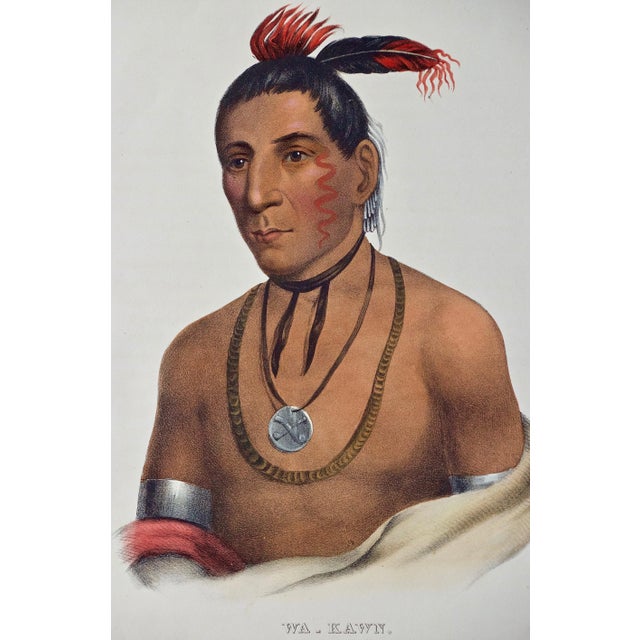 Portraiture Wa-Kawn, a Winnebago Chief: Folio-Sized Hand-Colored McKenney & Hall Lithograph, 1841 For Sale - Image 3 of 4