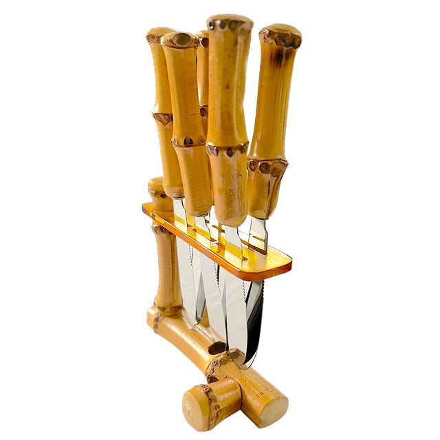 Mid-Century Modern Vintage Midcentury Solingen Rostfrei Germany Bamboo-Handled Stainless Steel Appetizer or Butter Spreader Knives With Bamboo Stand, Set of 6 For Sale - Image 3 of 7