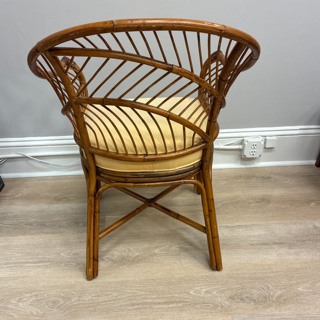 Mid-Century Modern 1970’s Boho-Style Fan Shapes Barrel Hand Woven Rattan and Bamboo Chair For Sale - Image 3 of 7