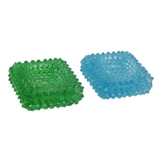 Fenton Hobnail Blue and Green 2pc Glass Trinket Salt or Candle Holders 4724b For Sale