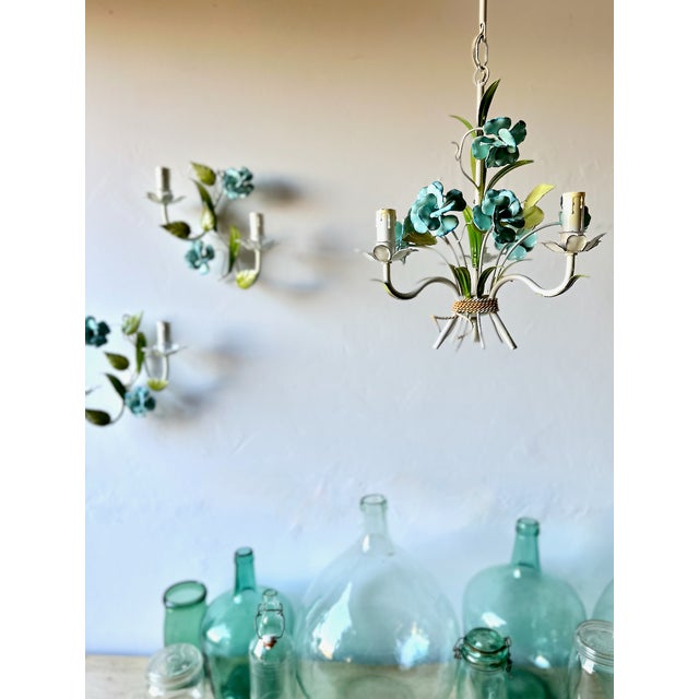 Italian Hand-Painted Tole Floral Chandelier with Matching Wall Sconces, 1960s, Set of 3 For Sale - Image 18 of 18