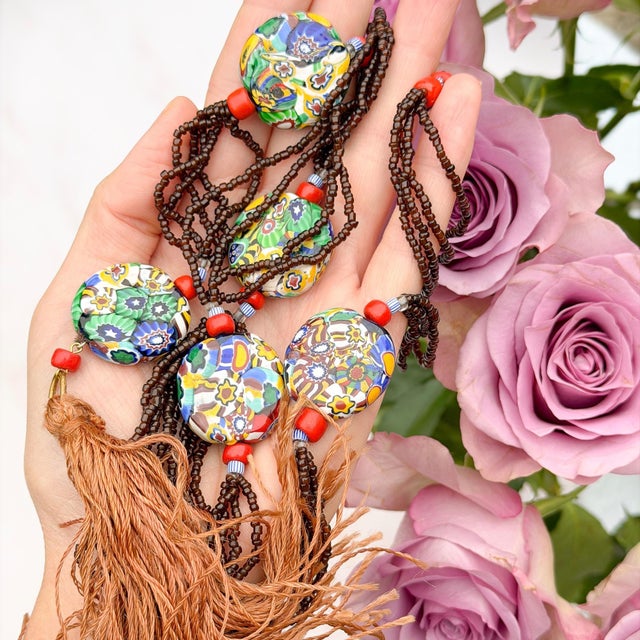 Art Deco Millefiori Glass Bead Tassel Flapper Necklace, 1920s For Sale - Image 3 of 8