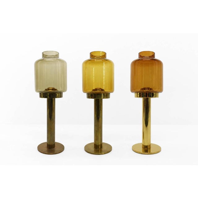 Large Swedish Model L-102/32 Claudia Candlesticks in Brass and Tinted Glass by Hans-Agne Jakobsson for Markaryd, 1960s, Set of 3 For Sale - Image 9 of 9