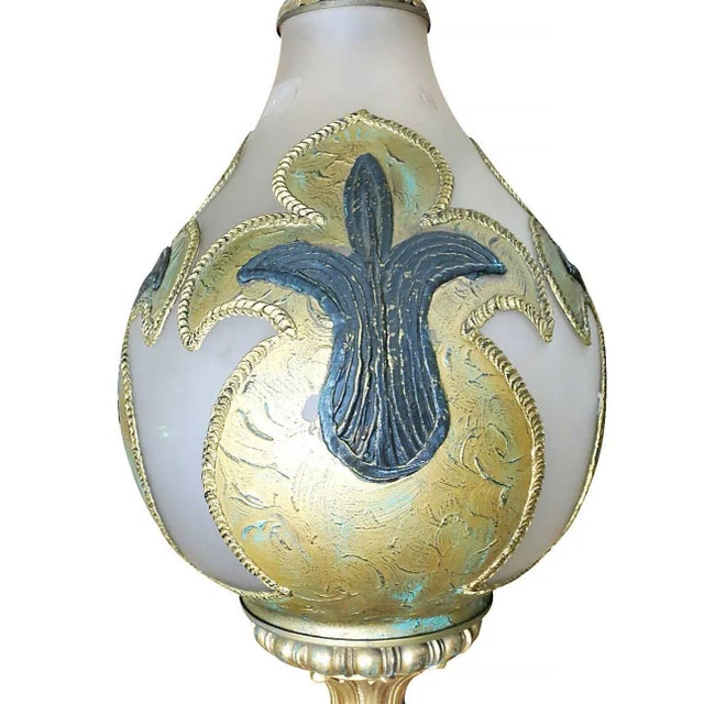 1960s Hand Painted Impasto Frosted Glass Mid-Century Table Lamp With Shade - a Pair For Sale - Image 5 of 10