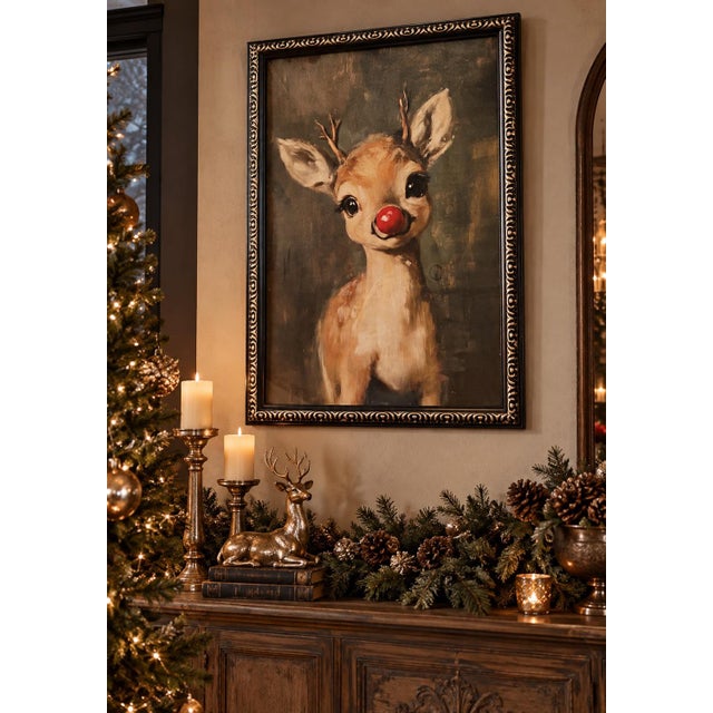 Black Large Framed Baby Rudolph Christmas Reindeer Wall Art, 28” X 39” For Sale - Image 8 of 8