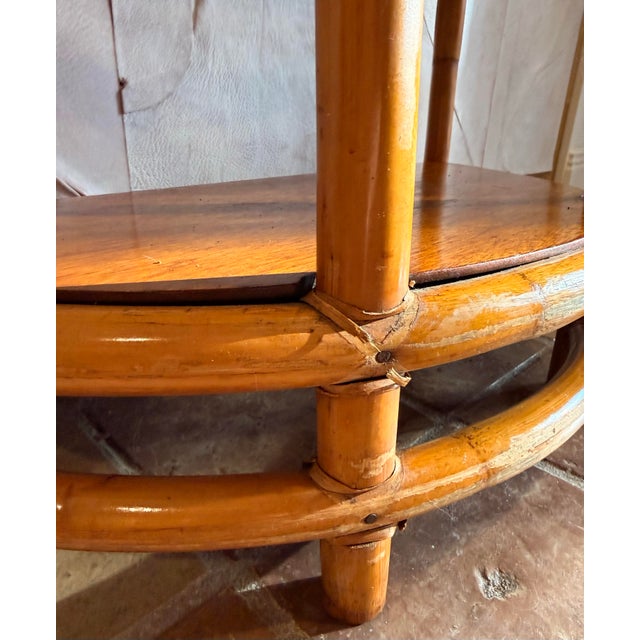 Vintage 1940’s Mid-Century Original Condition Rattan, Bamboo Two Tier Drink Table, Side Table in Rare Demi-Lune Shape, Palm Beach Style For Sale - Image 9 of 12