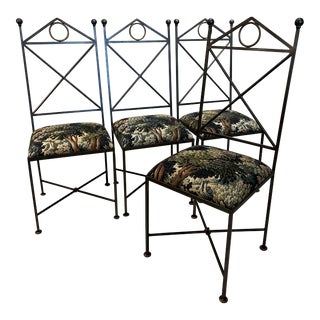 1990s Set of 4 Iron Chairs With New Fabric Upholstered Seats in Verdure Leaf Print For Sale
