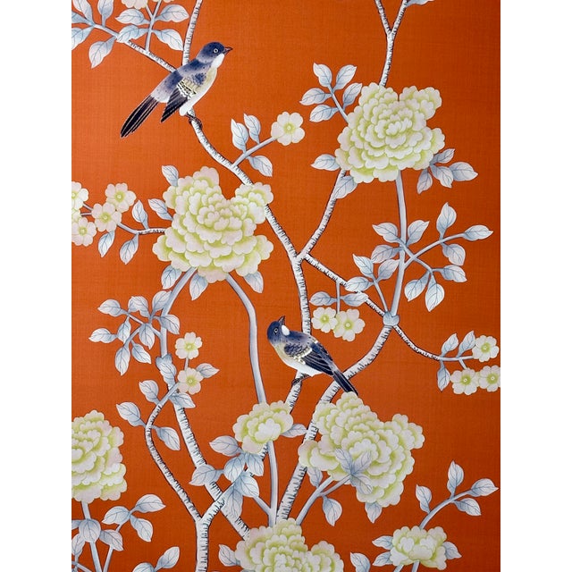 Framed Hand-Painted Panel With Long-Tailed Birds & Peonies on Orange Silk For Sale - Image 9 of 9