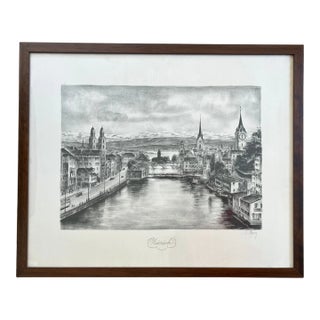 Vintage Etching of Zurich, Switzerland, Signed and Framed For Sale