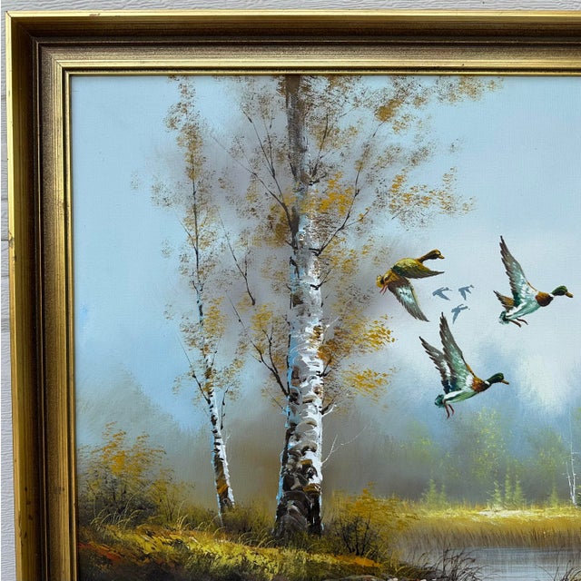 1970s 1970s Oil Painting by Joon S. Choi – Flying Ducks Over Reflected Landscape For Sale - Image 5 of 12